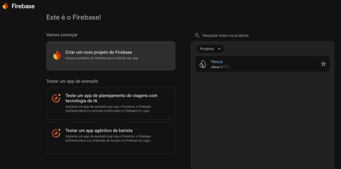 Console do Firebase com a lista de projetos