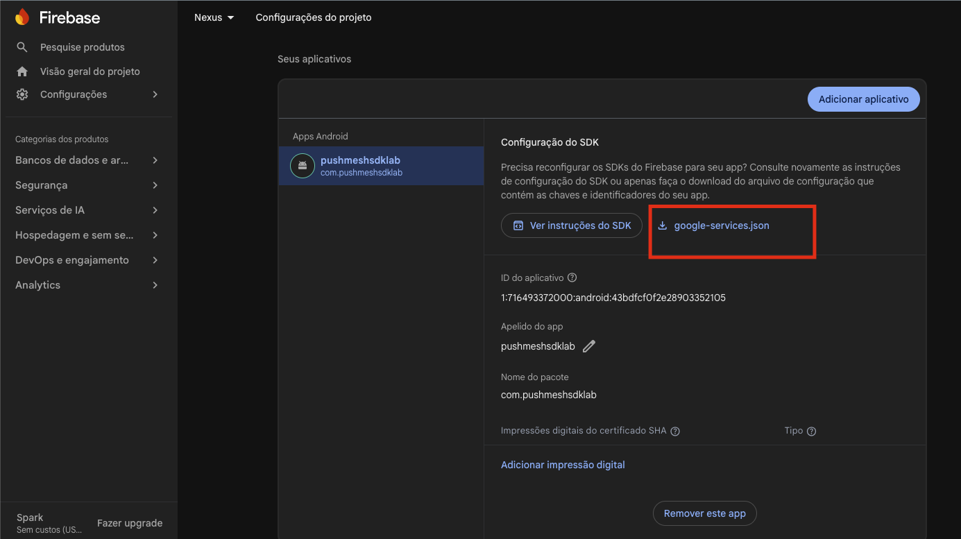 Configurações do projeto com o download do google-services.json